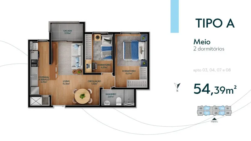 Planta Tipo A 54m2 2 Dormitorios - Residencial Áres
