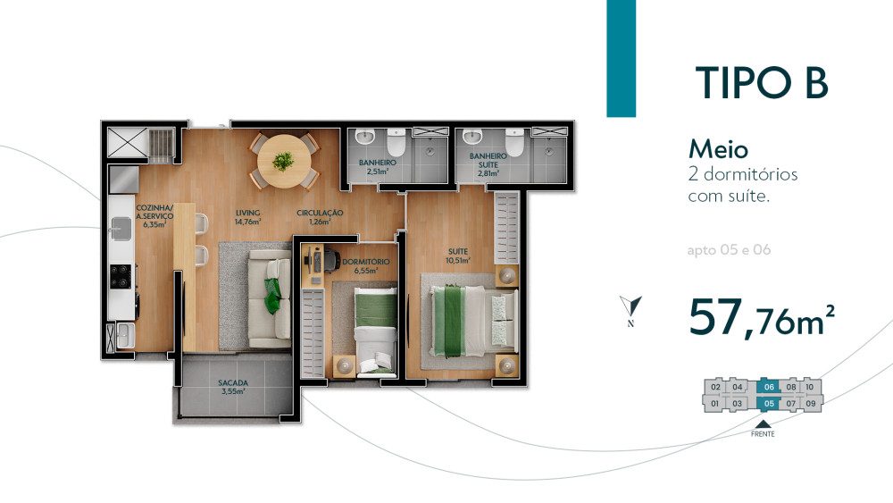 Planta Tipo B 57m2 2 Dormitorios Suite