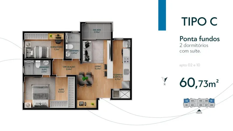 Planta Tipo C 60m2 2 Dormitorios Suite - Residencial Áres