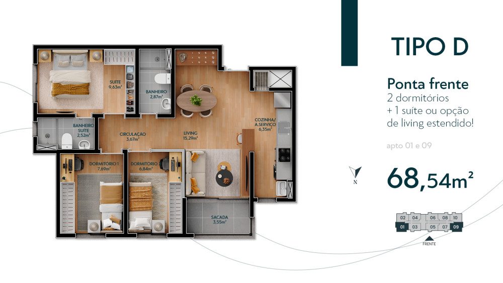 Planta Tipo D 68m2 3 Dormitorios Suite