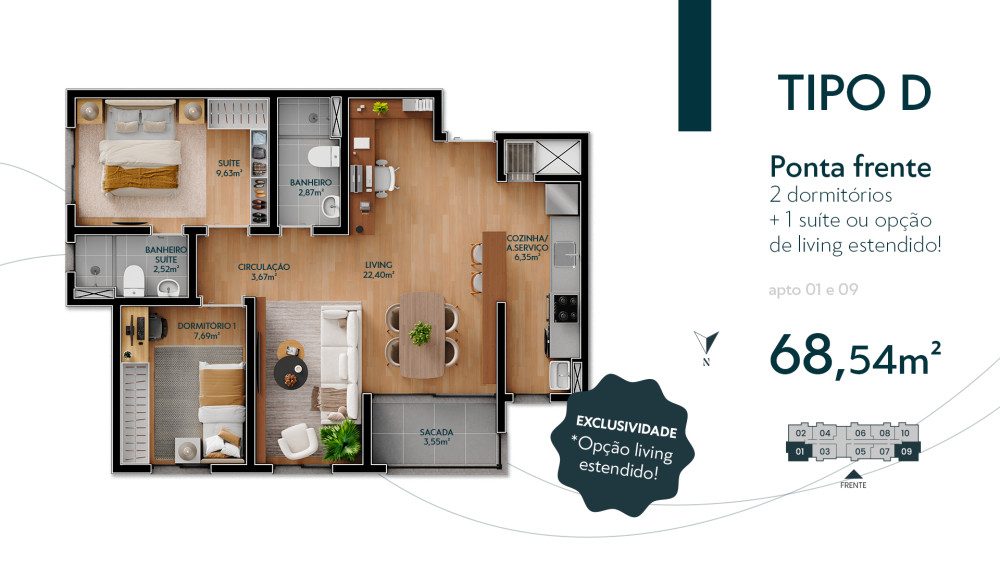 Planta Tipo D 68m2 Living Estendido