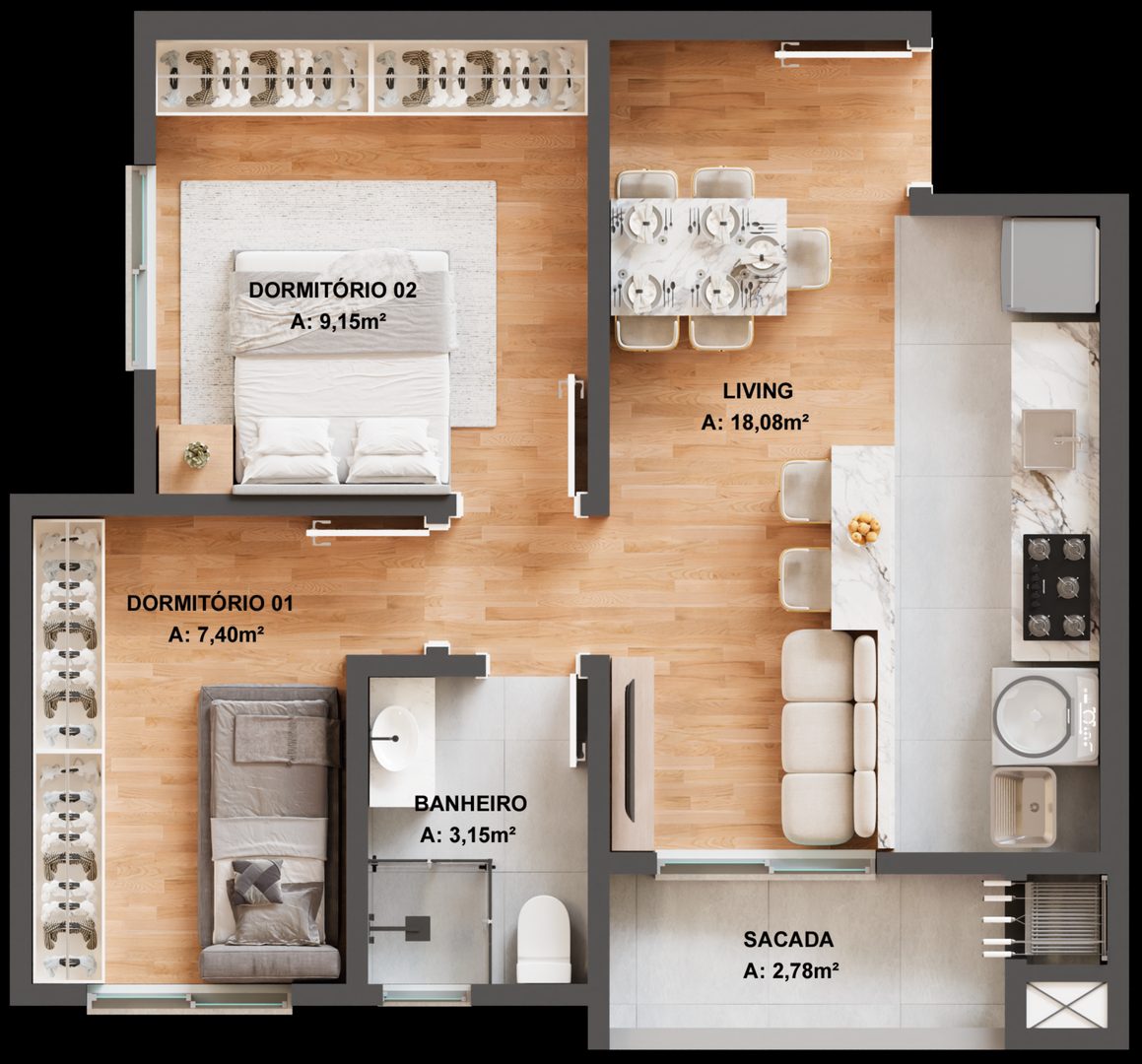 Planta 47m2 2 Dormitorios
