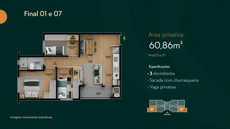 Planta 60m2 3 Dormitorios - Ora Condomínio Residencial