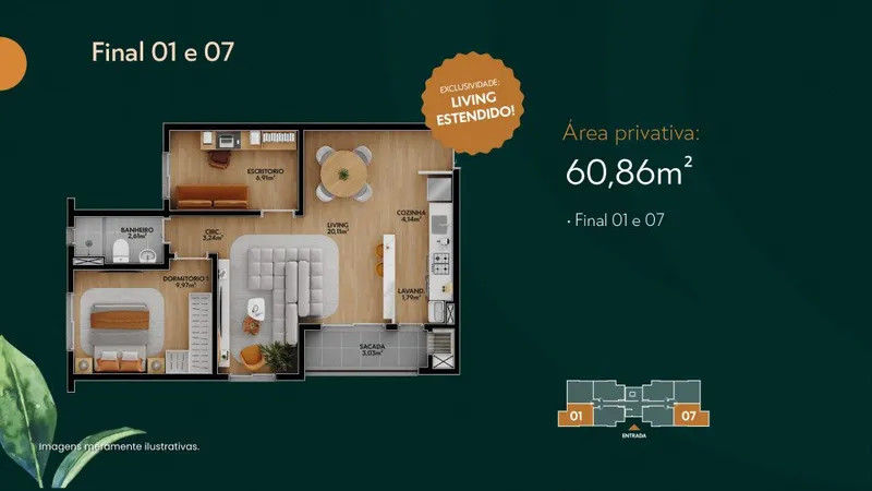 Planta 60m2 Living Estendido - Ora Condomínio Residencial