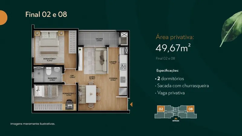 Planta 49m2 2 Dormitorios - Ora Condomínio Residencial