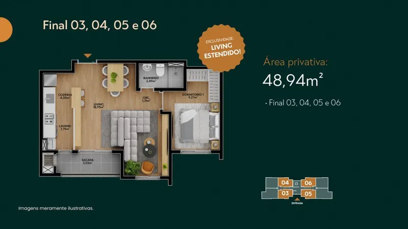 Planta 48m2 Living Estendido - Ora Condomínio Residencial